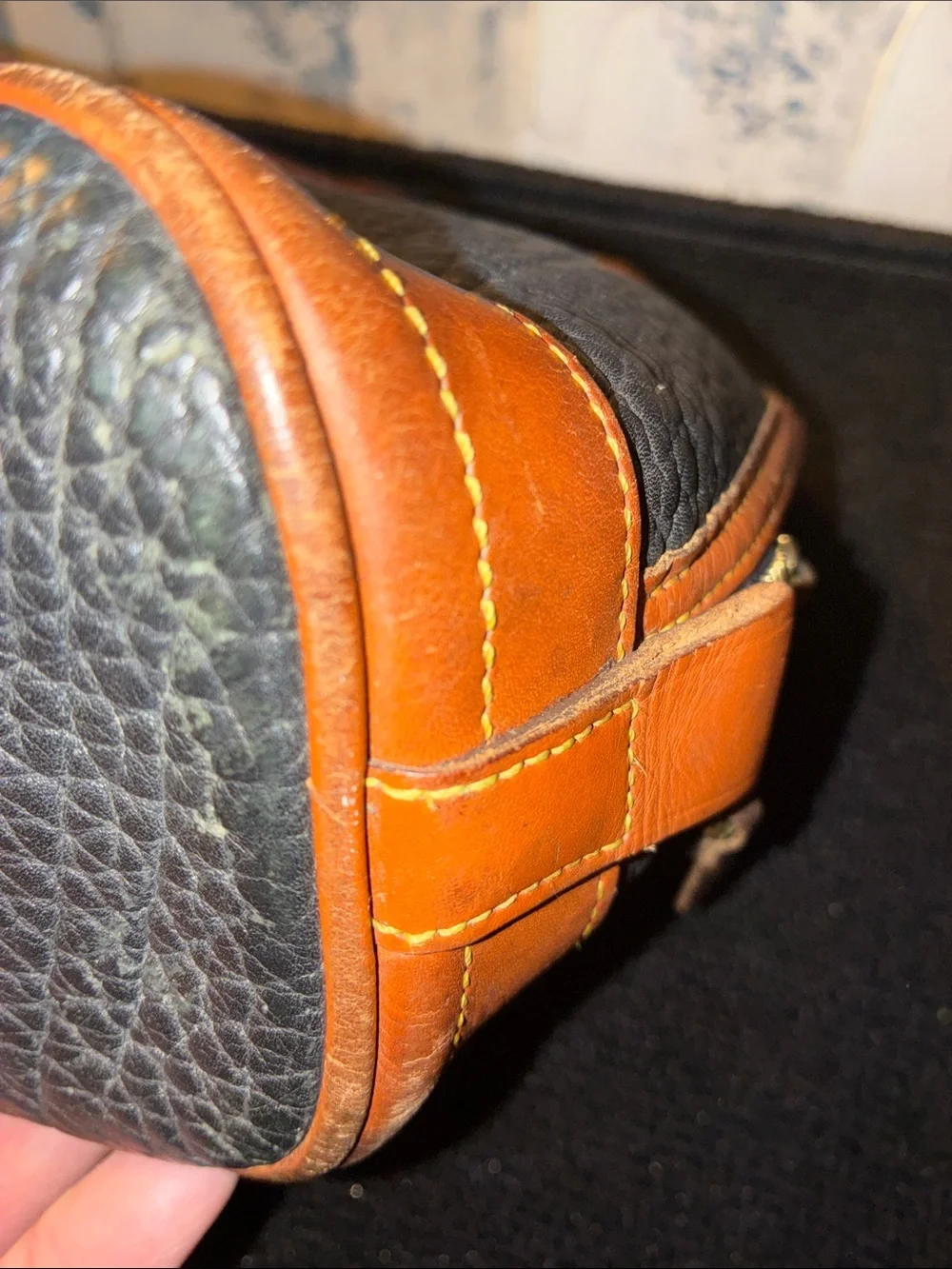 Vintage 1990s Dooney & Bourke Black with Brown Trim Pebbled Leather Satchel